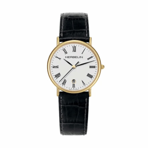 Montre Herbelin Classique Cadran Doré Blanc Bracelet Cuir Noir