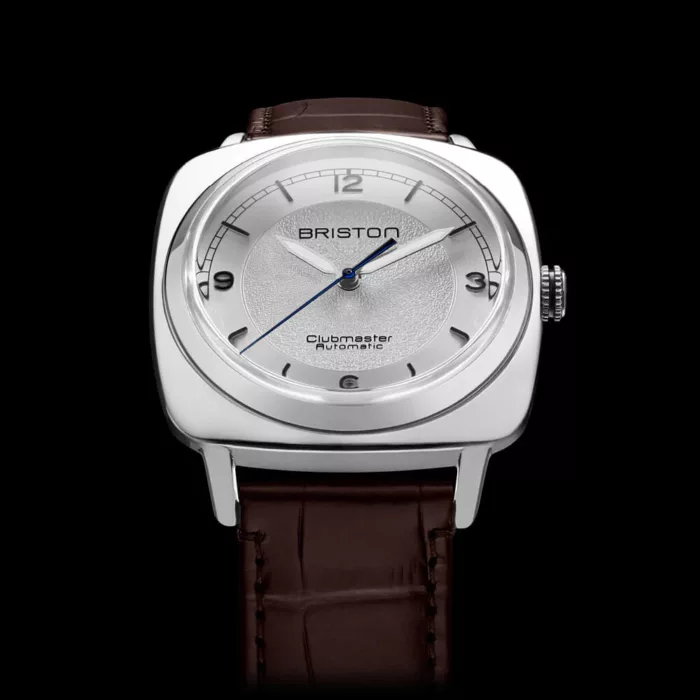montre cadran argent bracelet marron